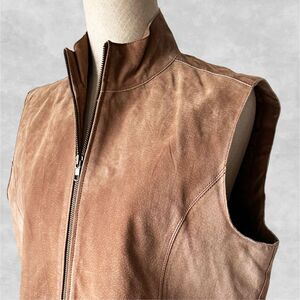 Ruffhewn Tan Suede Leather Zip-Front Vest Stand Up Collar Zip Pockets-Women's L